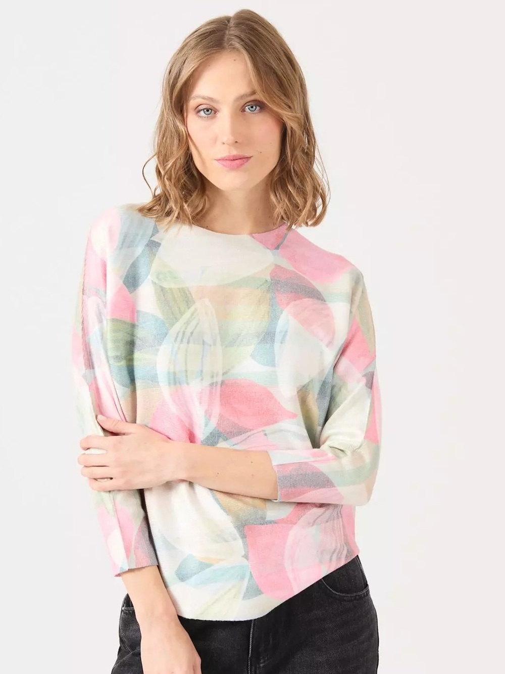 Sioni Floral Printed Dolman Sleeve Sweater Top Sz M Lightweight Botanical